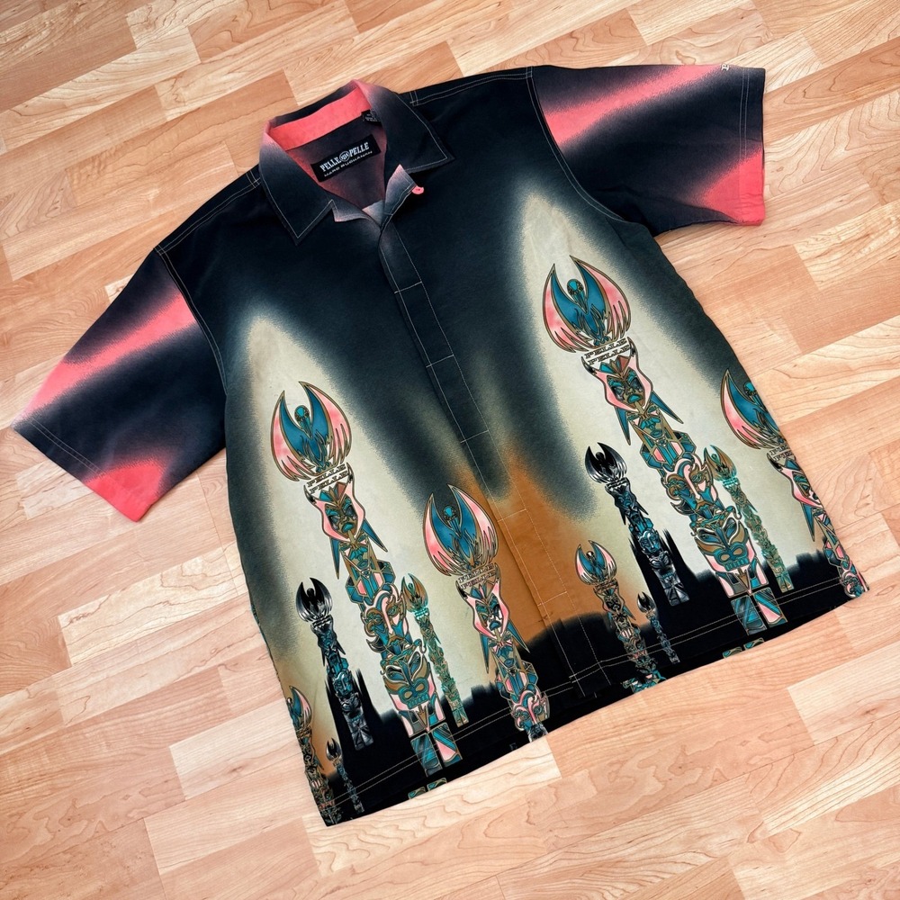 Pelle Pelle Marc Buchanan Totem Tribal Graphic Shirt Mens Large Black Pink Teal